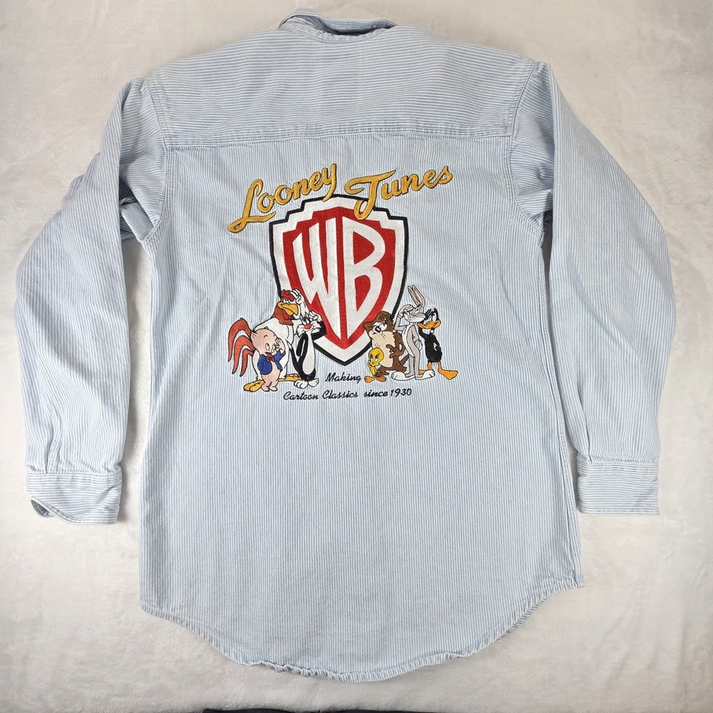 90s Looney Tunes Classic Embroidered Button Up Shirt Men XS‎ Hickory Stripe
